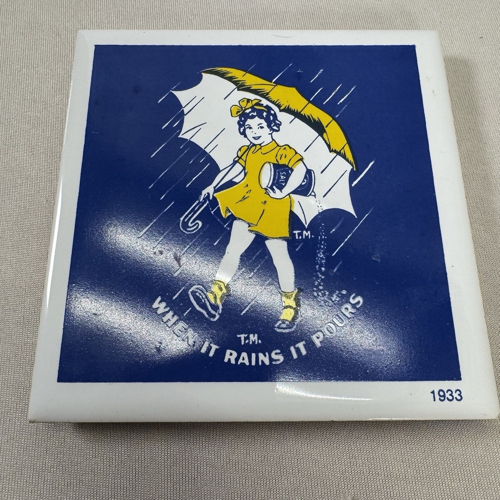 Vintage Ceramic Morton Salt When Tt Rains It Pours Tile 1933 Trivet Coaster